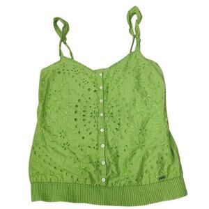 Hollister Women’s Green Eyelet Embroidered Tank‎ Top Button Smocked Hem Size S